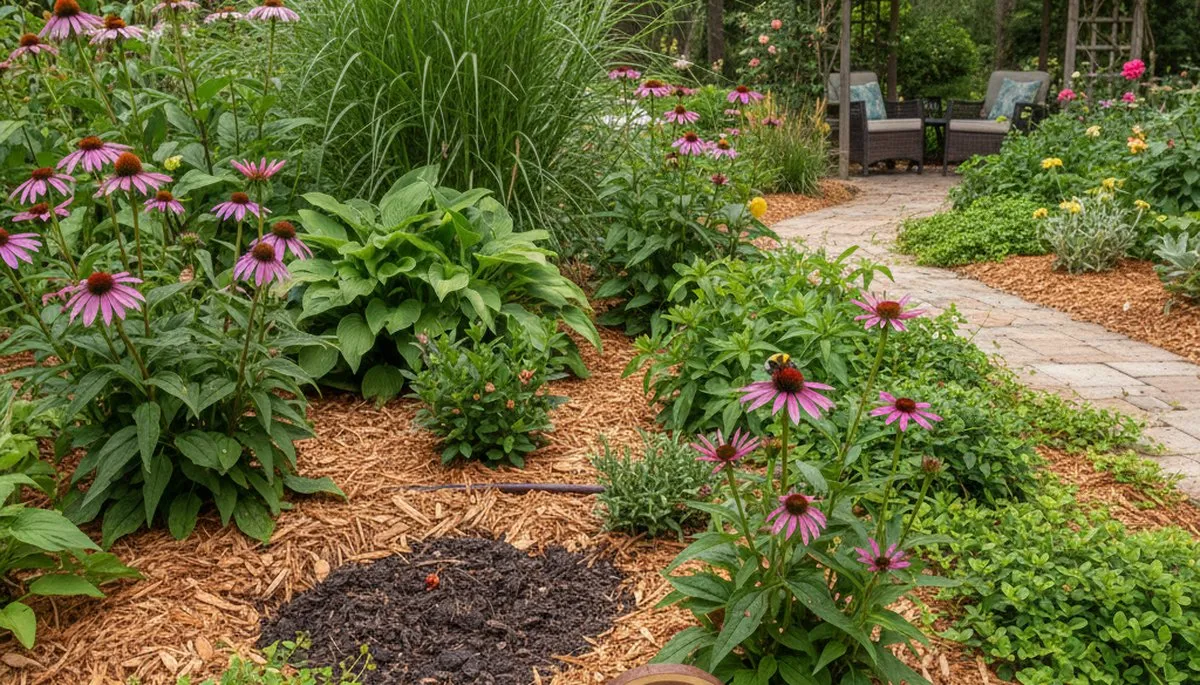 Organic landscape beds with lush plants and mulch in sustainable Lakeland FL yard by Chop Chop Landscaping