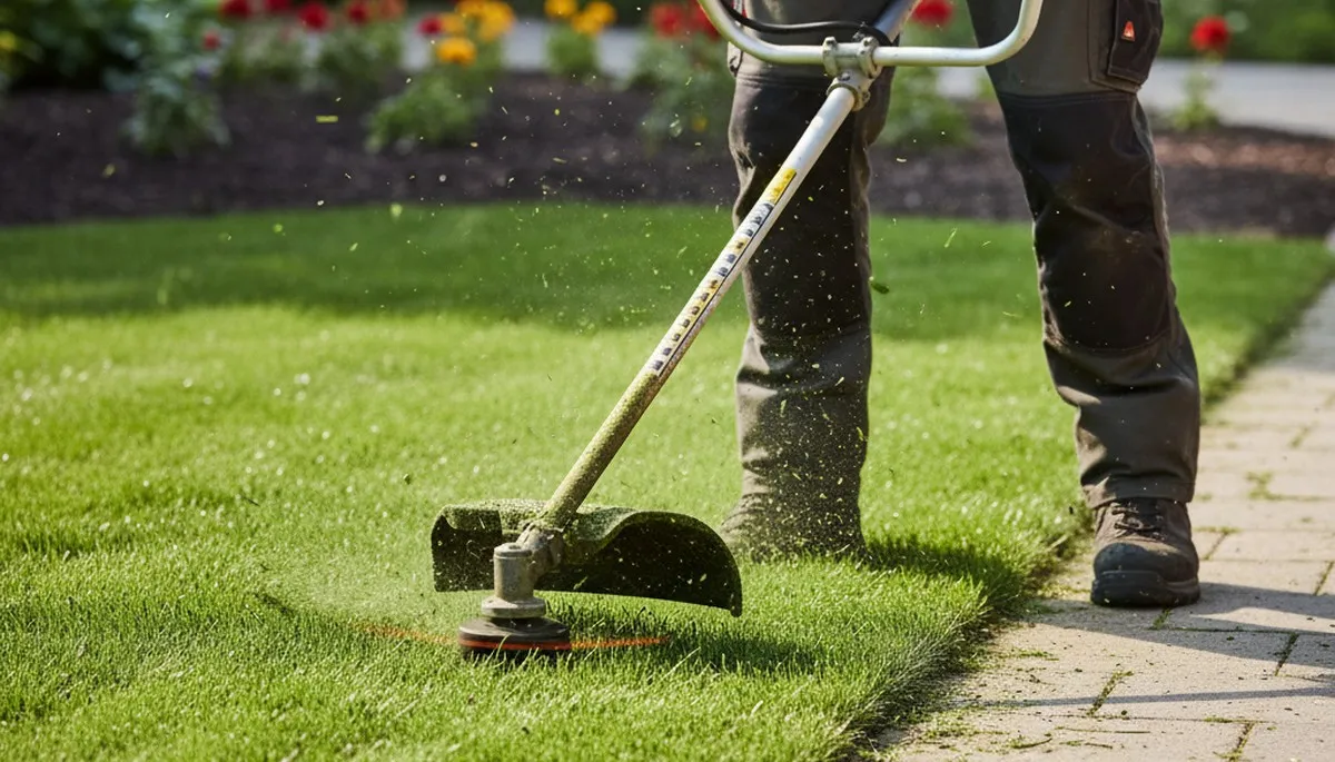Technician performing precise lawn edge trimming with string trimmer in Lakeland, FL landscaping service